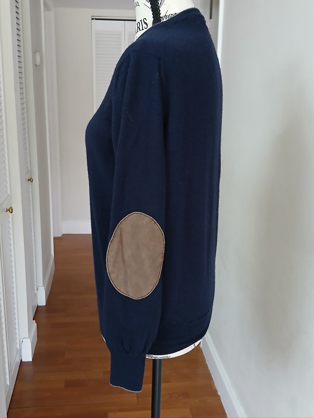 Brunello Cucinelli Men's Navy Sweater with Brown Elbow Patches - Picture 4 of 8
